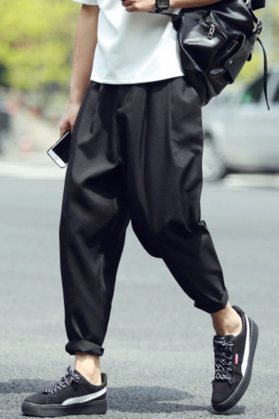 Guys Simple Fashion Solid Color Rolled Cuffs Pleated Detail Casual Loose Tapered Pants