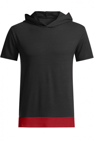 Guys Unique Fashion Contrast Hem Basic Short Sleeve Fitted Hooded T-Shirt