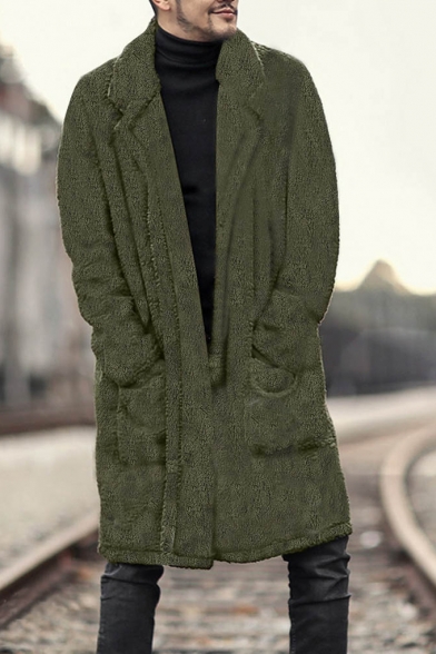 Guys Winter New Stylish Simple Plain Notched Lapel Collar Longline Fluffy Fleece Coat