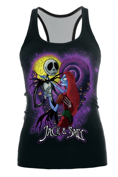 Halloween Jack and Sally Skull Figure Printed Sleeveless Black Racerback Tank