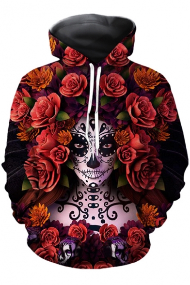 Halloween New Stylish Cool Rose Floral Figure Print Red Drawstring Hoodie