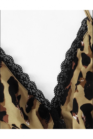 Hot Girls Summer Tan Leopard Print lace Trimmed Plunge V Romper