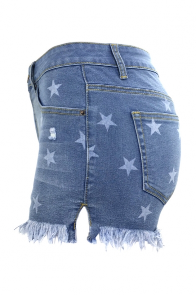 Hot Popular Fashion Allover Star Printed Frayed Hem Hot Pants Denim Shorts