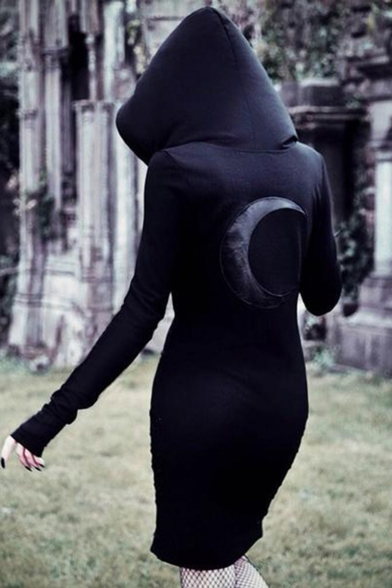 Hot Popular Womens Gothic Style Black Long Sleeve Moon Print Midi Fitted Hoodie Dress