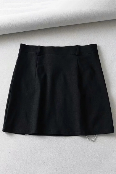 Hot Stylish Cool Womens Black High Waist Chain Eyelet Embellished Split A-Line Mini Skirt