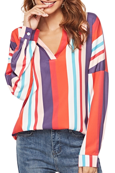 Hot Stylish Striped Print Colorblock V Neck Long Sleeve Casual Loose Blouse