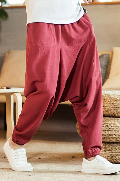 KLJR Men Baggy Chinese Style Elastic Waist Fashion Linen Harem Long Pants 