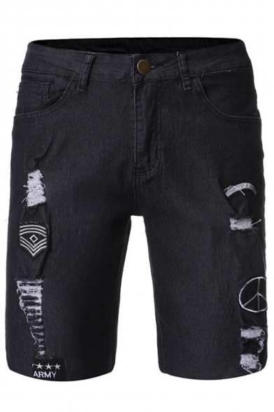 Men's Fashion Badge Patchwork Ripped Detail Zip-fly Slim Fit Denim Shorts