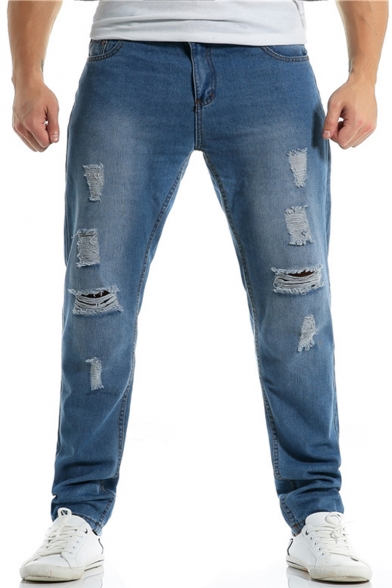 Men's Fashion Plain Vintage Washed Straight Loose Ripped Jeans