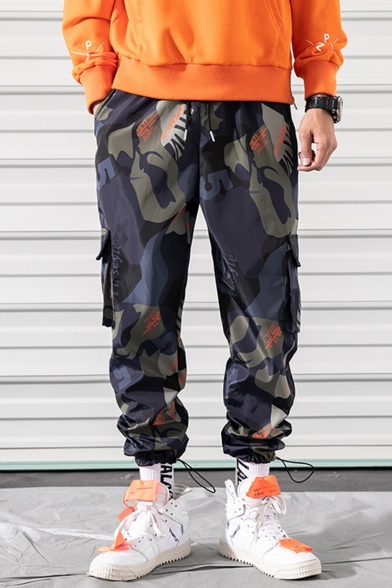 Men's Fashion Popular Camouflage Letter Printed Flap Pocket Side Drawstring Cuffs Hip Pop Casual Cargo Pants