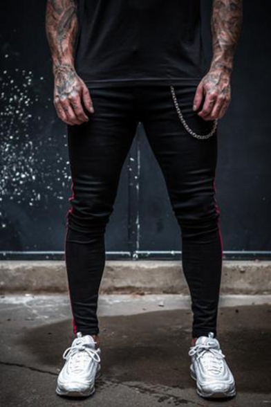 Men's Hot Fashion Contrast Stripe Side Chain Embellished Black Skinny Denim Pencil Pants