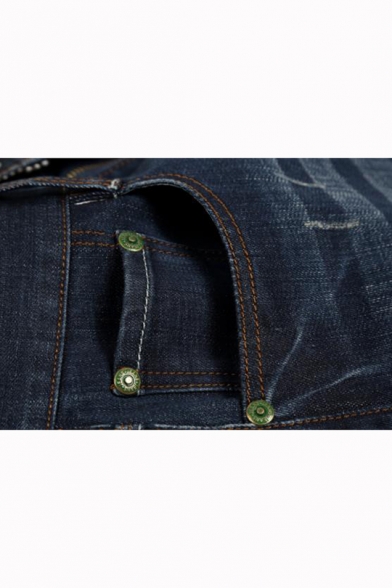 Men's Hot Fashion Dark Blue Basic Plain Regular Fit Casual Ripped Jeans