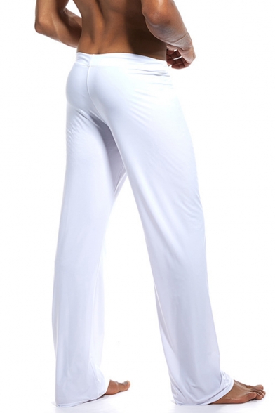 Men's Hot Fashion Simple Plain Ice Silk Fabric Drawstring Waist Wide Leg Homewear Pants
