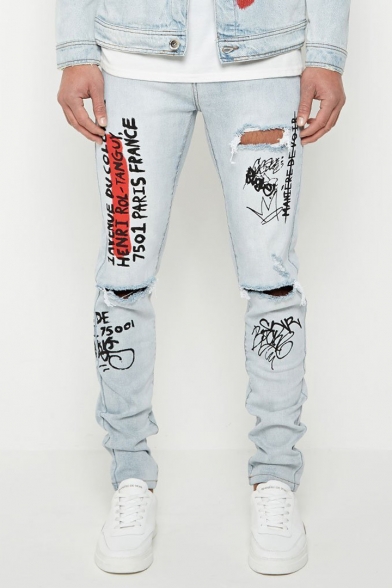 Men's New Fashion Letter Graffiti Printed Knee Cut Distressed Ripped Jeans