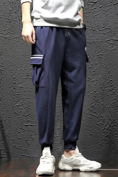 Men's New Fashion Letter KEEP CALM Stripe Printed Drawstring Waist Casual Cotton Cargo Pants