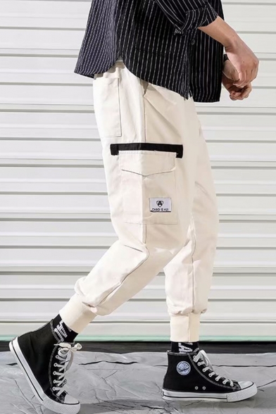 Men's New Fashion Logo Patchwork Flap Pocket Side Drawstring Waist Elastic Cuffs Leisure Cargo Pants