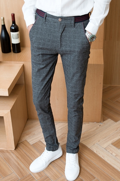 Men's New Stylish Contrast Stripe Waist Plaid Pattern Casual Cotton Dress Pants