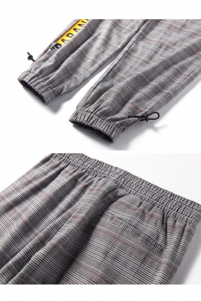 Men's New Stylish Plaid Letter ARANOIA Printed Drawstring Waist Grey Casual Retro Tapered Pants