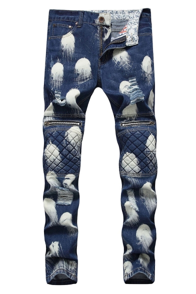 Men's New Stylish Snow Washed Knee Pleated Zipper Embellished Blue Biker Jeans