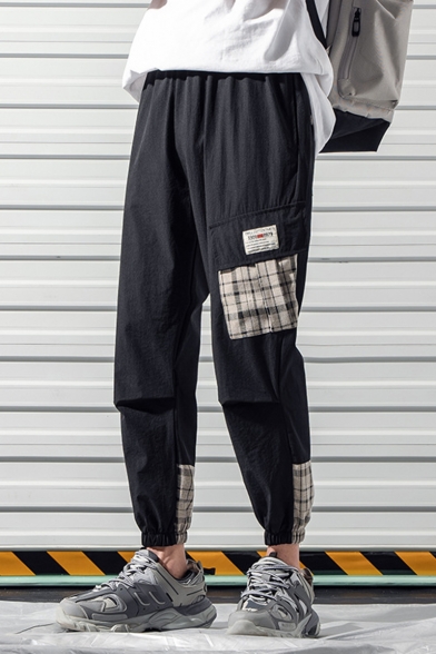 Men's Plaid Pattern Drawstring Waist Elastic Cuffs Men's Slim Fit Casual Cargo Pants