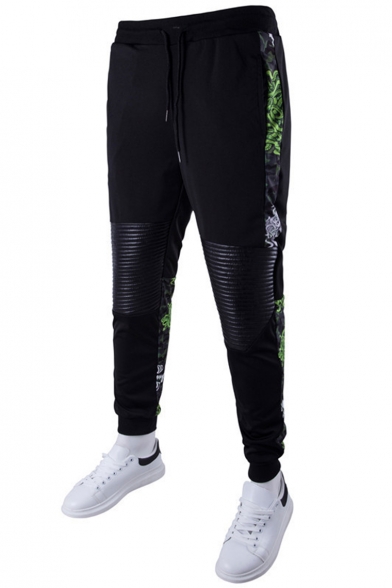 Men's Popular Fashion Snake Printed Knee Pleated Leather patched Drawstring Waist Black Cotton Sweatpants