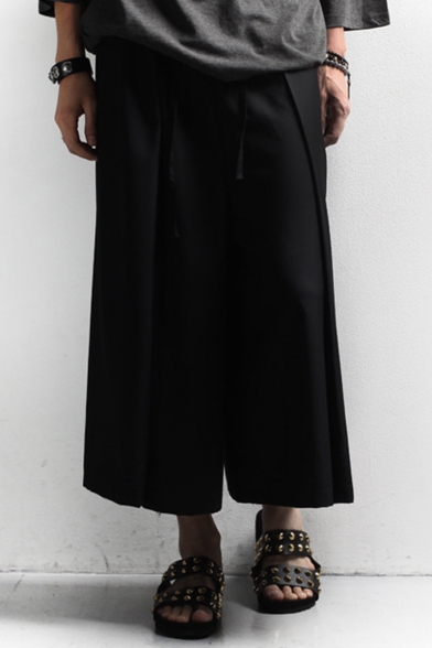 Men's Popular Fashion Solid Color Black Cotton Culottes Wide Leg Pants