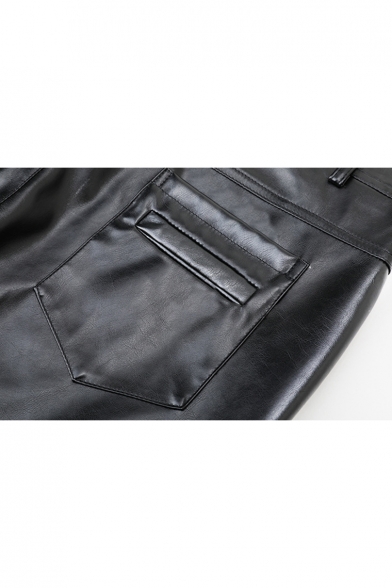 Men's Popular Fashion Solid Color Zip Embellished Black PU Leather Biker Pants Night Club Pants