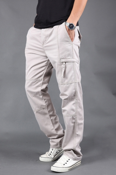 Men's Simple Fashion Solid Color Cotton Casual Straight Cargo Pants with Zipped Pocket