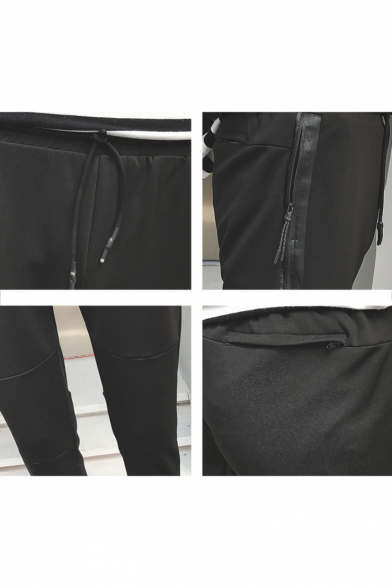 Men's Simple Fashion Solid Color Zipped Pocket Black Cotton Casual Sweatpants