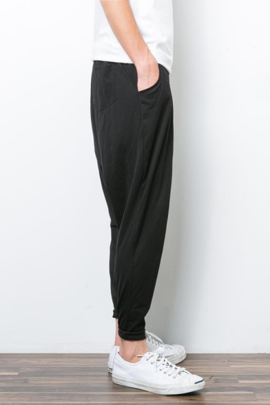 Men's Stylish Floral Printed Drop-Crotch Black Casual Cotton Harem Pants