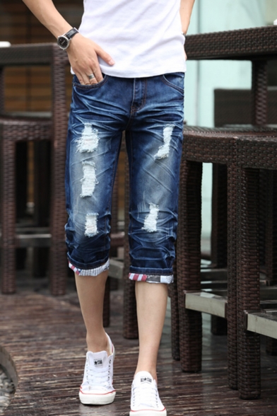 Men's Summer Fashion Retro Washed Rolled Cuffs Blue Ripped Denim Shorts