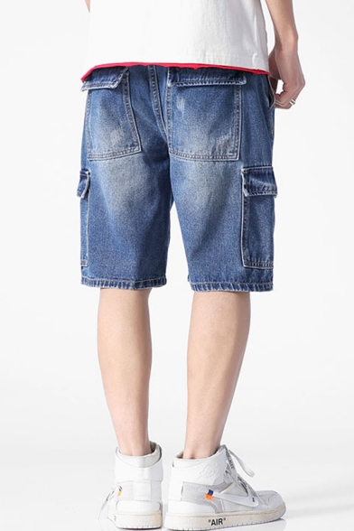 Men's Summer New Fashion Blue Washed Flap Pocket Side Casual Cargo Denim Shorts