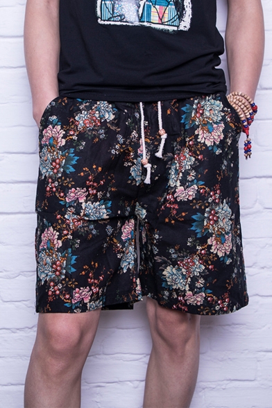 Men's Summer New Floral Pattern Quick Drying Drawstring Waist Beach Shorts Swim Trunks with Pockets
