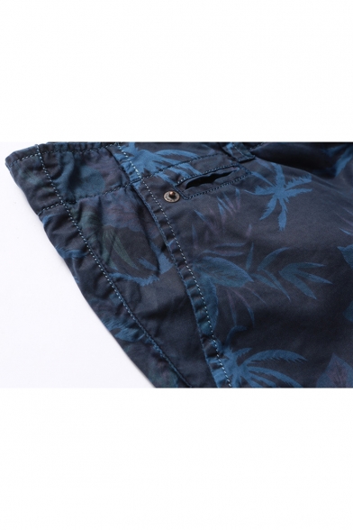 Men's Summer New Trendy Leaves Printed Zip-fly Casual Cotton Chino Shorts
