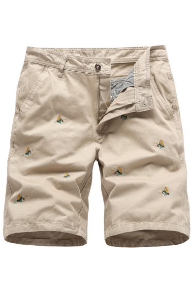 Men's Summer Stylish Embroidery Pattern Casual Zip-fly Cotton Chino Shorts