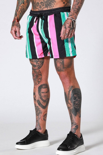 Men's Summer Trendy Colorblocked Stripe Printed Drawstring Waist Sports Active Shorts