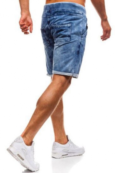 Men's Summer Trendy Vintage Washed Drawstring Waist Blue Casual Denim Shorts