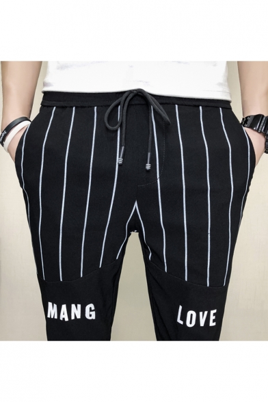 Men's Trendy Stripe Letter MANG LOVE Printed Drawstring Waist Black Casual Pencil Pants