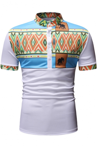 Mens African Tribal Elephant Printed Short Sleeve White Slim Fit Polo Shirt