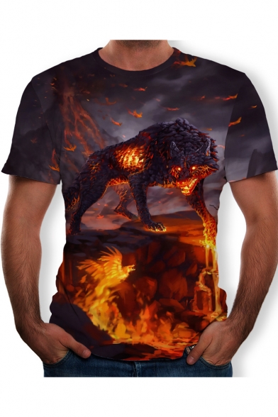Mens Cool Fire Wolf 3D Printing Round Neck Short Sleeve T-Shirt