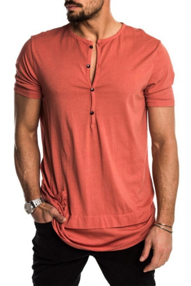 Mens Fashion Button Front Round Neck Short Sleeve Simple Plain Casual Henley Shirt