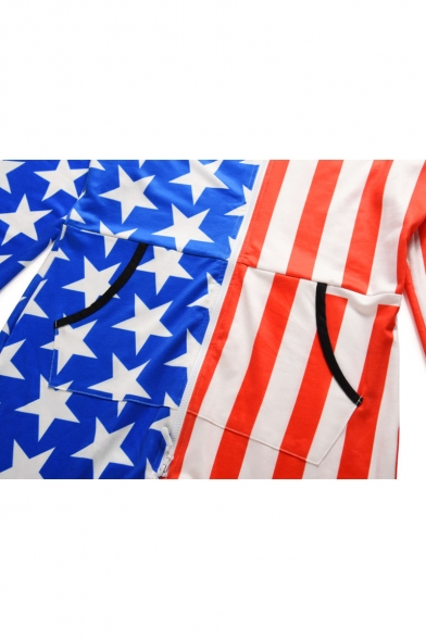 Mens New Stylish Stripes Stars Flag Printed Long Sleeve Hooded Zip Up One Piece Blue and Red Sleepwear Lounge Jumpsuits