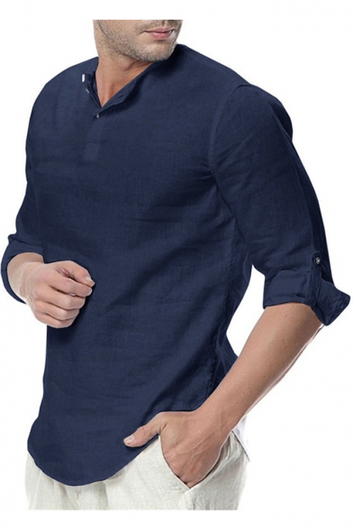 Mens New Trendy Simple Plain Button V-Neck Long Sleeve Plain Casual Linen Blouse Shirt