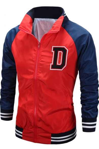 Mens Red Simple Letter Logo D Print Color Block Stand Collar Zip Up Track Jacket
