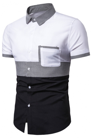 Mens Simple Color Block Short Sleeve Button Up Slim Fit Oxford Shirt