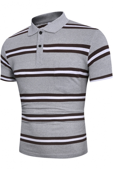 Mens Simple Two-Button Front Short Sleeve Fashion Striped Print Slim Fit Formal Polo Shirt