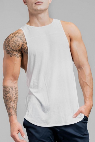 Mens Summer Casual Loose Simple Solid Color Round Neck Sleeveless Training Sport Tank Top