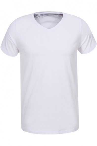Mens Summer Simple Plain V-Neck Short Sleeve Cotton Breathable T-Shirt