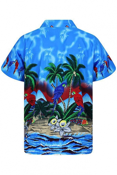Mens Summer Trendy Holiday Tropical Printed Short Sleeve Button Up Beach Hawaiian Shirt