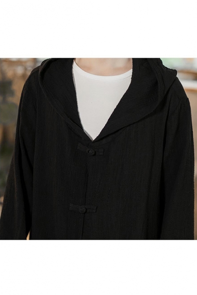 Mens Vintage Chinese Style Plain Frog Button Front Black Longline Thin Hooded Coat